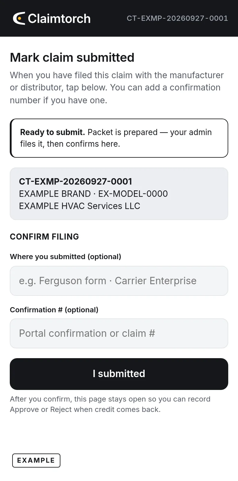 Example Claimtorch status page: mark the claim submitted